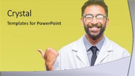  Presentation with special education young adult man - Presentation theme having adult hispanic scientist or doctor background and a yellow colored foreground