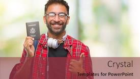  Presentation with america - Beautiful presentation theme featuring adult hispanic student man holding passport of america over isolated background happy with big smile doing ok sign thumb up with fingers excellent sign backdrop and a red colored foreground
