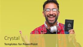  Presentation with america - Cool new slide deck with adult hispanic student man holding passport of america over isolated background very happy and excited winner expression celebrating victory screaming with big smile and raised hands backdrop and a yellow colored foreground