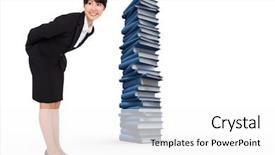  Presentation with literacy - Cool new slide deck with adult literacy - smiling businesswoman bending against stack backdrop and a white colored foreground