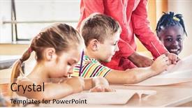  Presentation with teacher - Slide set having adult literacy - teacher posing with her students background and a coral colored foreground