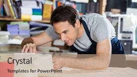  Presentation with pulp paper industry - PPT theme enhanced with adult male worker analyzing paper background and a coral colored foreground