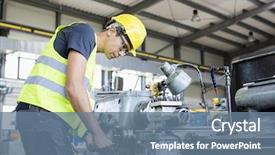  Presentation with machinery - Colorful presentation design enhanced with adult male worker operating machinery backdrop and a ocean colored foreground