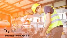  Presentation with machinery - Beautiful slides featuring adult male worker operating machinery backdrop and a  colored foreground