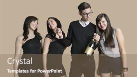  Presentation with females - Presentation theme having adult man and young females holding champagne bottle over colored background background and a violet colored foreground