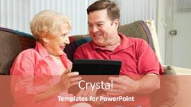  Presentation with adult teaching - Colorful slide deck enhanced with adult man giving his mother a tablet pc and teaching her to use it backdrop and a coral colored foreground