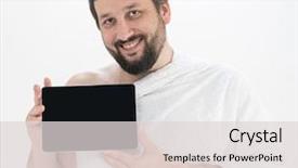  Presentation with hajj - Presentation theme enhanced with adult man hajj holding tablet background and a light gray colored foreground