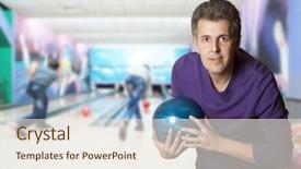  Presentation with bowling - Theme having adult man holding a bowling background and a sky blue colored foreground