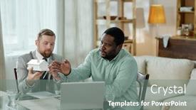  Presentation with home loan - Amazing presentation theme having adult-man-holding-mockup-house backdrop and a gray colored foreground