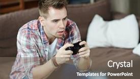  Presentation with video game - Presentation design featuring adult man playing video game background and a gray colored foreground