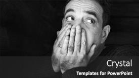  Presentation with black hands - Beautiful theme featuring adult sad man he closed his mouth with his hands looking up black and white portrait backdrop and a dark gray colored foreground