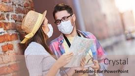 Presentation with masks - PPT layouts having adult-tourists-in-masks-sightseeing background and a coral colored foreground