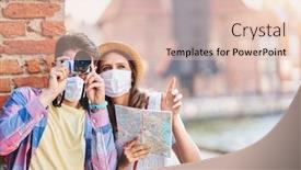  Presentation with tourists - PPT theme with adult-tourists-in-masks-sightseeing background and a lemonade colored foreground