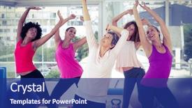  Presentation with women in the army - Amazing PPT theme having adult woman - happy women exercising with arms backdrop and a navy blue colored foreground