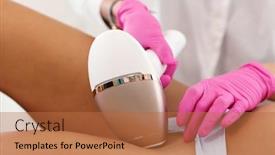  Presentation with hair salon - PPT theme having adult woman having laser hair removal in professional beauty salon background and a red colored foreground