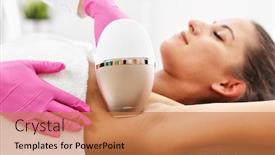  Presentation with hair salon - Amazing PPT layouts having adult woman having laser hair removal in professional beauty salon backdrop and a coral colored foreground