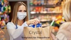  Presentation with grocery store - Amazing slides having adult-woman-in-medical-mask backdrop and a coral colored foreground
