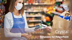  Presentation with grocery store - Presentation theme having adult-woman-in-medical-mask background and a coral colored foreground