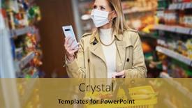  Presentation with mask - Colorful presentation design enhanced with adult-woman-in-medical-mask backdrop and a gold colored foreground