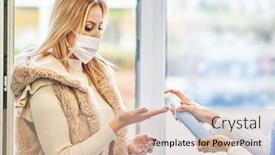  Presentation with hand sanitizer - Slides enhanced with adult-woman-in-medical-mask background and a lemonade colored foreground