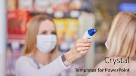  Presentation with temperature - Audience pleasing theme consisting of adult-woman-in-medical-mask backdrop and a coral colored foreground