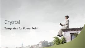  Presentation with roof - Slide deck having adult woman in suit with old book in hand sitting on roof background and a white colored foreground