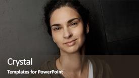  Presentation with hair salon scissors in black - PPT layouts enhanced with adult woman leaning against wall background and a tawny brown colored foreground