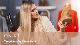  Presentation with boutique - Amazing PPT layouts having adult woman shopping for shoes in boutique in autumn backdrop and a coral colored foreground