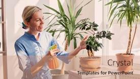  Presentation with fertilizer flowers - Slides having adult-woman-spraying-with-fertilizer background and a coral colored foreground