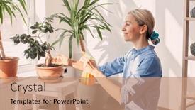  Presentation with fertilizer flowers - PPT theme featuring adult-woman-spraying-with-fertilizer background and a coral colored foreground