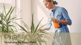  Presentation with leave - Slide set with adult-woman-takes-care background and a coral colored foreground