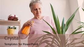  Presentation with home care - Slide deck having adult-woman-takes-care background and a coral colored foreground