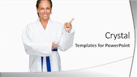  Presentation with arabian woman wearing hijab muslim - Colorful presentation design enhanced with adult woman wearing karate kimono backdrop and a white colored foreground