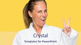  Presentation with woman - Presentation featuring adult woman wearing karate kimono background and a sky blue colored foreground