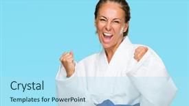  Presentation with kimono - Colorful presentation theme enhanced with adult woman wearing karate kimono backdrop and a light blue colored foreground