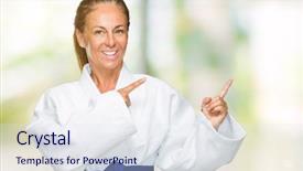  Presentation with helping others two hands woman - Presentation theme featuring adult woman wearing karate kimono background and a sky blue colored foreground