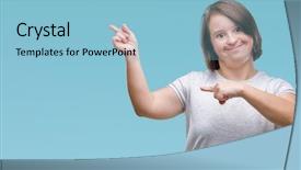  Presentation with hands down - Slide set consisting of adult woman with down syndrome background and a light blue colored foreground