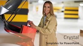  Presentation with parking lot - Colorful presentation design enhanced with adult-woman-with-shopping-bags backdrop and a coral colored foreground