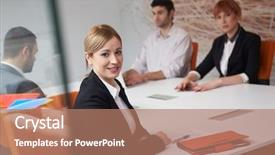  Presentation with young business people - PPT theme with adults and senior on meeting background and a coral colored foreground