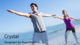  Presentation with yoga - PPT theme featuring adults health - happy couple doing yoga beside background and a  colored foreground