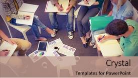  Presentation with meeting table - Presentation design having adults table - business people in meeting background and a coral colored foreground