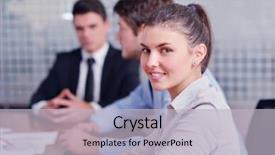  Presentation with young business people - Beautiful theme featuring adults table - group of happy young business backdrop and a  colored foreground