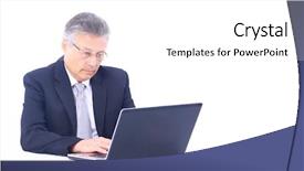  Presentation with laptop - Amazing PPT theme having adults table - senior business man working backdrop and a  colored foreground