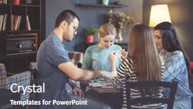  Presentation with play - Colorful presentation design enhanced with adults table - young people play games backdrop and a dark gray colored foreground