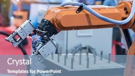  Presentation with robot arm - Slide set consisting of advanced computer networking - robotic and automation system control background and a teal colored foreground