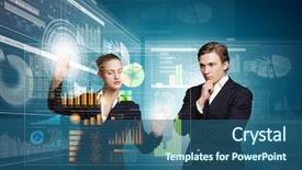  Presentation with digital - Audience pleasing presentation theme consisting of advanced technology - businessman and businesswoman touching icon backdrop and a ocean colored foreground