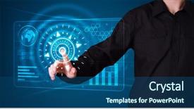  Presentation with modern tech - PPT theme featuring advanced technology - young businessman pressing high tech background and a ocean colored foreground
