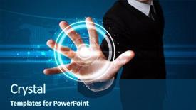  Presentation with high tech technology - Presentation theme with advanced technology - young businessman pressing high tech background and a ocean colored foreground