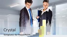  Presentation with high tech change - Amazing slide deck having advanced technology - young businesspeople looking at graph backdrop and a light blue colored foreground