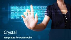  Presentation with virtual keyboard - Slide deck having advanced technology - young girl pressing virtual type background and a  colored foreground